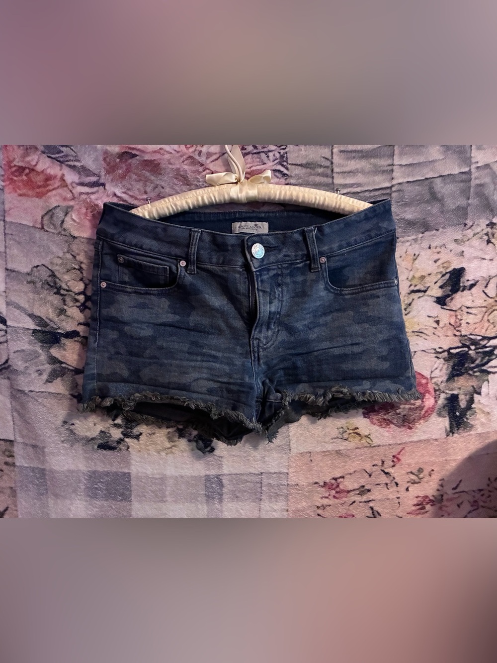 Frayed Hem Dark Blue Camo Denim Shorts